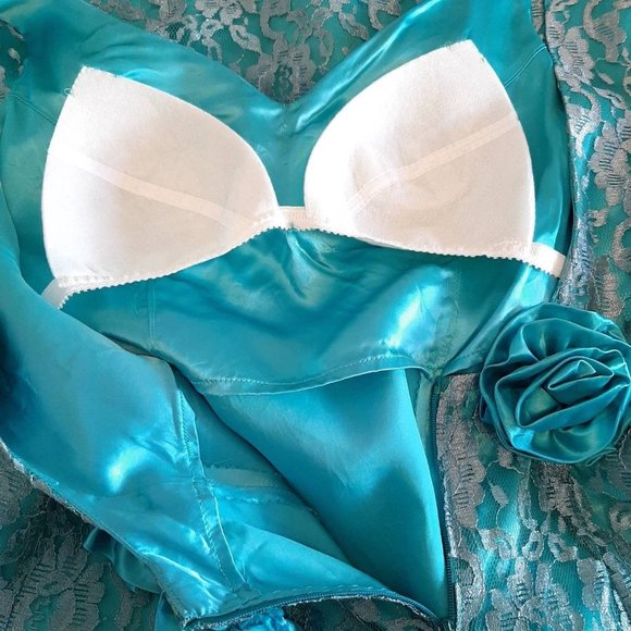 80s Handmade Teal Green Vtg Prom Lace Overlay Dress and Mermaid Hem - Picture 10 of 10